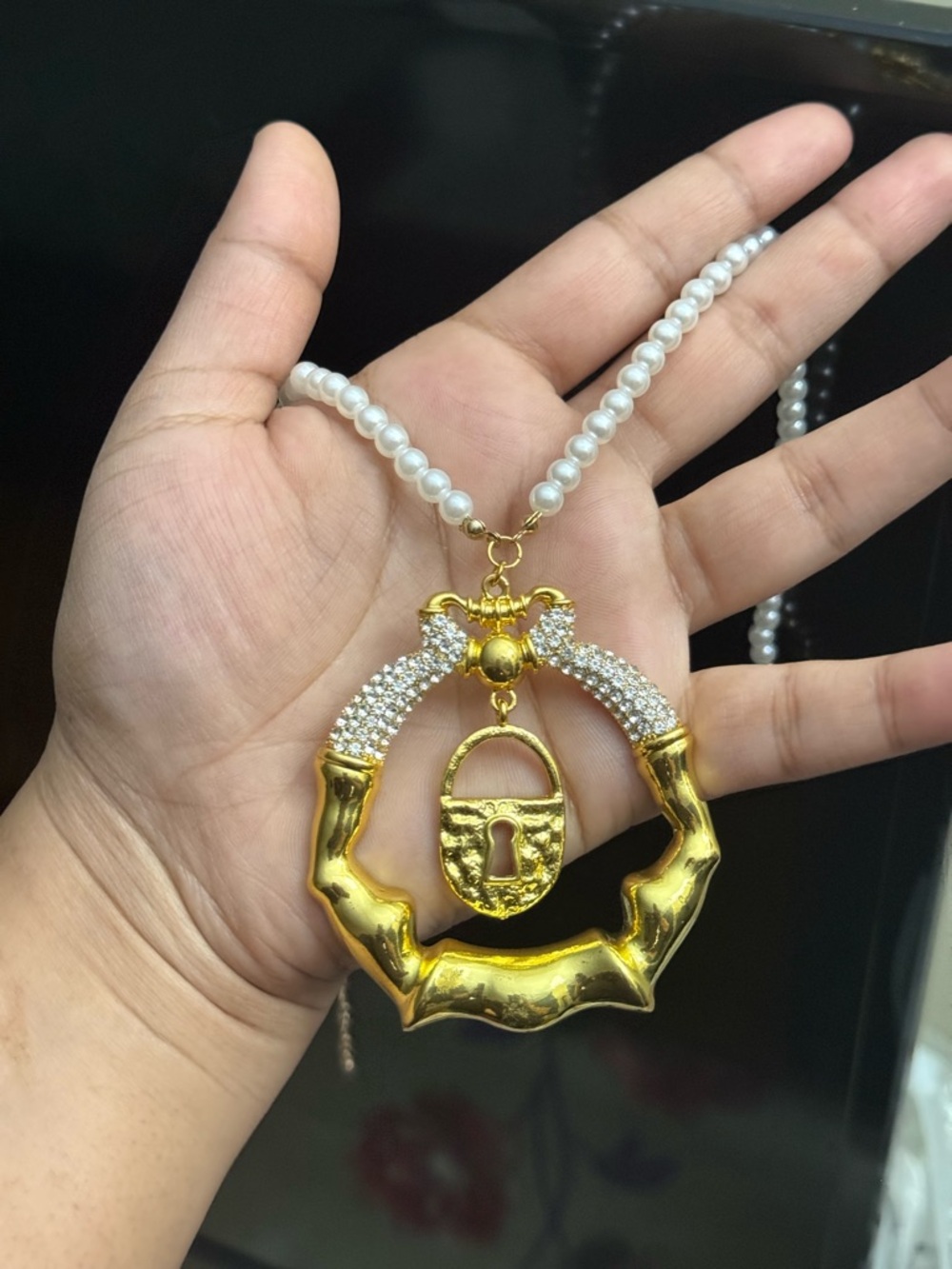 Schiaparelli Inspired Gold-tone pearl Necklace with Padlock Pendant